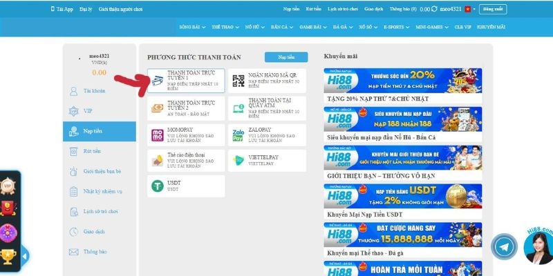 Có đa dạng phương thức nạp tiền Hi88